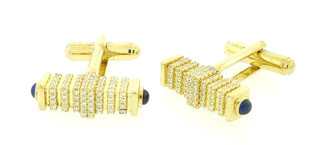 Micro Pave 925 Sterling Silver Men's Cuff Links 14K Yellow Gold Plating with Blue Sapphire and White Cubic Zirconia