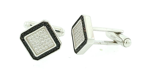 Micro Pave 925 Sterling Silver Men's Cuff Links Rhodium Plating with Black and White Cubic Zirconia