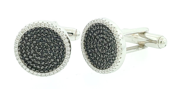 Micro Pave 925 Sterling Silver Men's Cuff Links Rhodium Plating with Black and White Cubic Zirconia