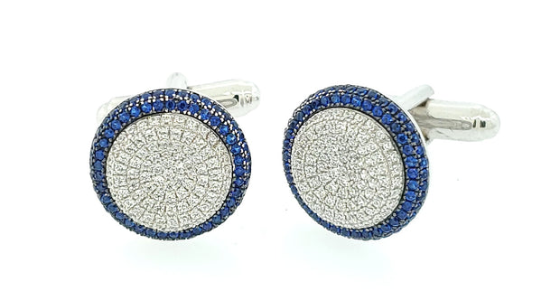 Micro Pave 925 Sterling Silver Men's Cuff Links Rhodium Plating with Blue Sapphires and White Cubic Zirconia